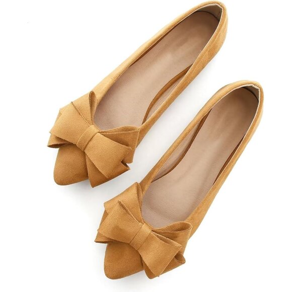 Women\'s Khaki Bowknot Ballet Flats Pointy Toe Casual Flat Shoes Suede